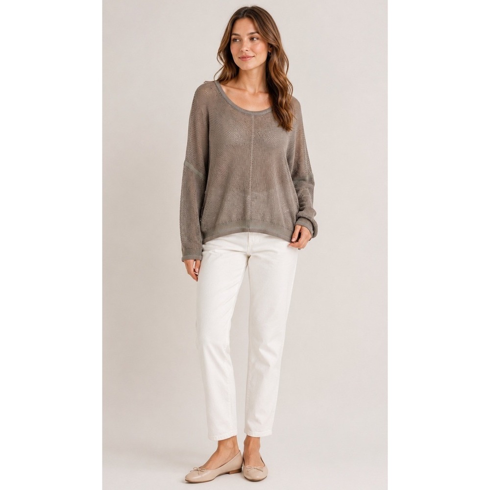 Vince Mesh Knit Sweater Women Medium Taupe Round Neck Long Sleeve Sheer Crochet